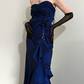 Vintage A Line Sweetheart Neck Ruffle Navy Blue Satin Prom Dress Graduation Prom Dress SH2590
