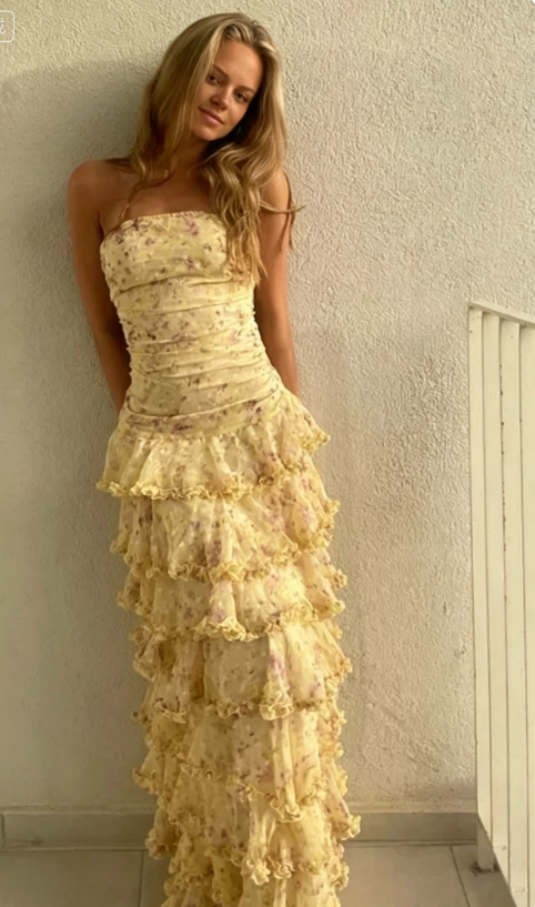Glamorous Sleeveless Strapless Yellow Print Floral Chiffon Long Prom Dress with Ruffles SH5462