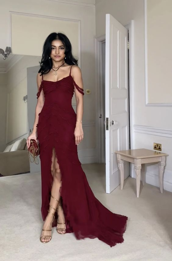 Sexy Burgundy Ruffles Chiffon Slit Prom Dress Mermaid Evening Dress SH1382