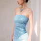 Blue Classy A Line Strapless Sequin Tulle Long Evening Dress Gown Dress SH3587