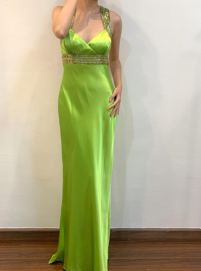 Vintage Sheath Strap Beaded Sequin Green Satin Open Back Prom Dress Evening Dress SH2163