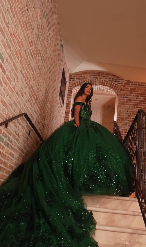Dark Green Sequin Tulle Applique Long Prom Dress Quinceanera Dress Ball Gown SH5181