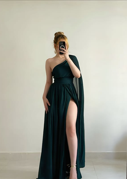 Ethereal Dark Green One Shoulder Chiffon Slit Prom Dress Evening Dress SH6867