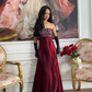 Burgundy Vintage A Line Exquisite Beaded Satin Long Prom Dress Wedding Guest Dress SH5386