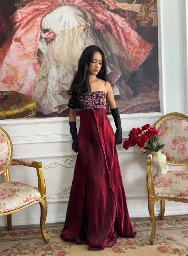 Burgundy Vintage A Line Exquisite Beaded Satin Long Prom Dress Wedding Guest Dress SH5386