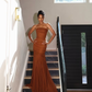 Brown Chiffon Strapless Sleeveless Long Prom Dress With Pleated And Train SH8544