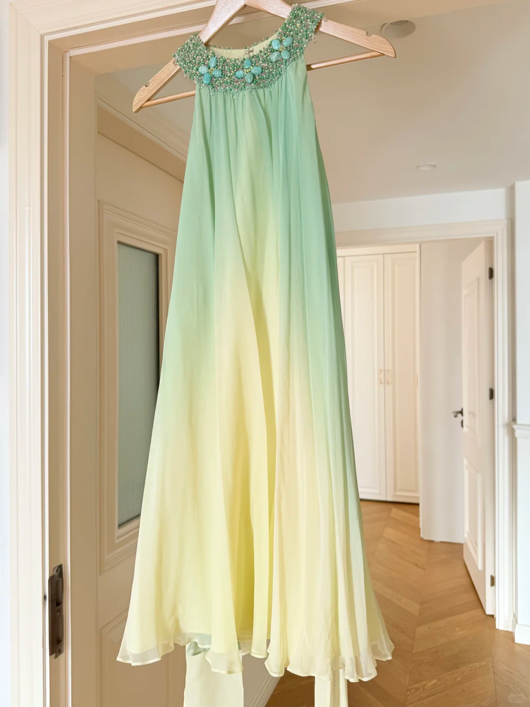 Vintage Yellow Green Ombre Beaded Chiffon Knee Length Wedding Guest Dress Prom Dress SH5442