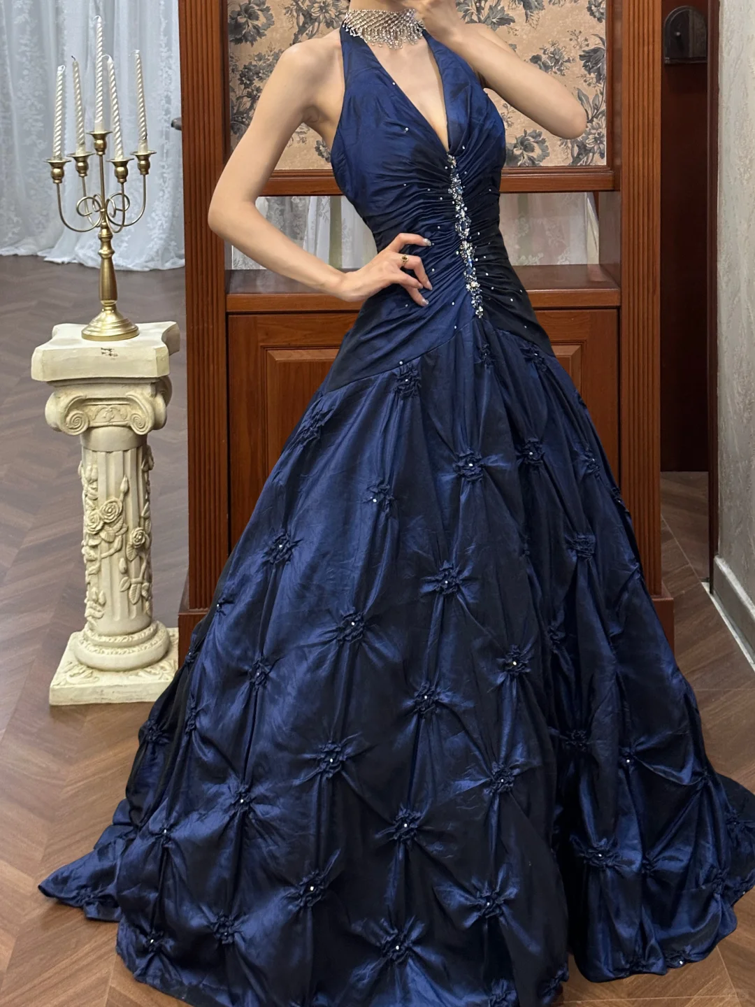 Vintage Navy Blue A Line Halter Beaded Pleated Satin Long Prom Dress SH5169
