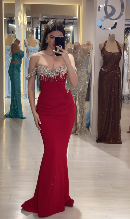 Sexy Mermaid Off the Shoulder Beaded Red Satin Long Prom Dress Evening Dress SH4797