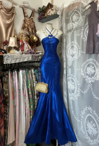 Vintage Blue Mermaid Long Prom Dresses Beaded Satin Evening Dresses Birthday Dresses SH5042