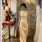 Vintage Gentle Sheath Round Neck Light Champagne Satin Prom Dress Wedding Guest Dress SH4498