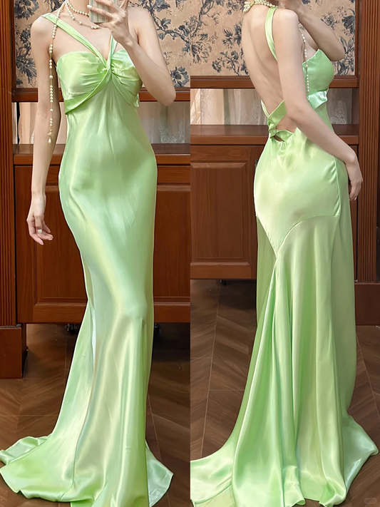 Gentle Mermaid Straps Light Green Satin Open Back Long Prom Dress Graduation Prom Dress SH5271