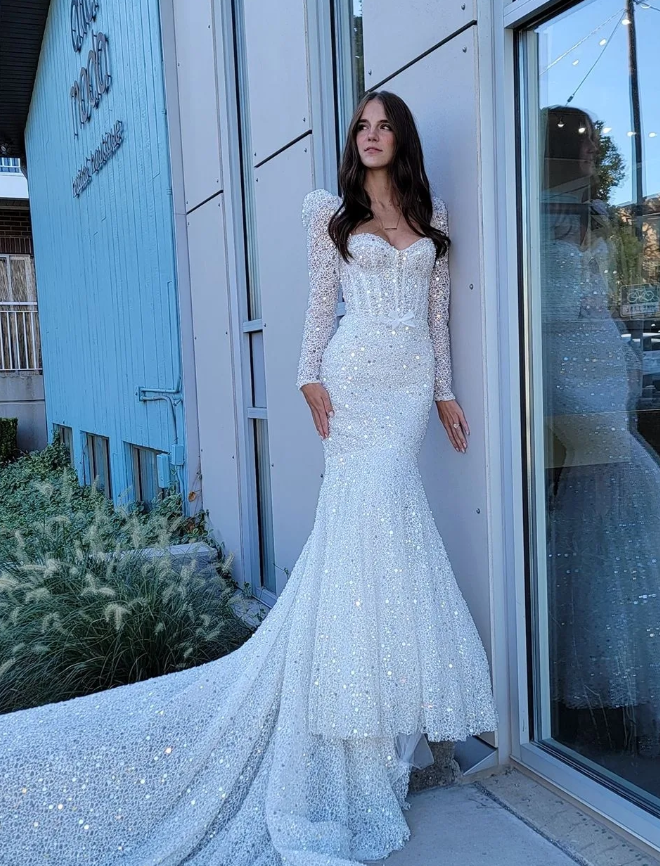 Shiny Mermaid Long Sleeve Corset Sequin Long Train Wedding Dress SH7114