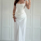 High-class Sheath Straps White Satin Long Prom Dress Evening Dress SH7294