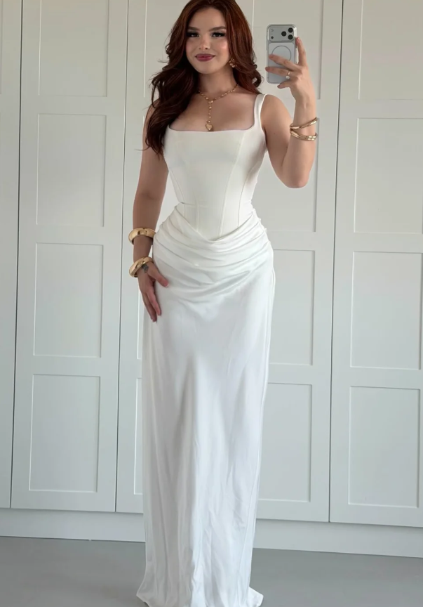 High-class Sheath Straps White Satin Long Prom Dress Evening Dress SH7294
