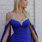 Elegant Dark Blue Sheath Straps Beaded Satin Chiffon Long Prom Dress Evening Dress SH6823