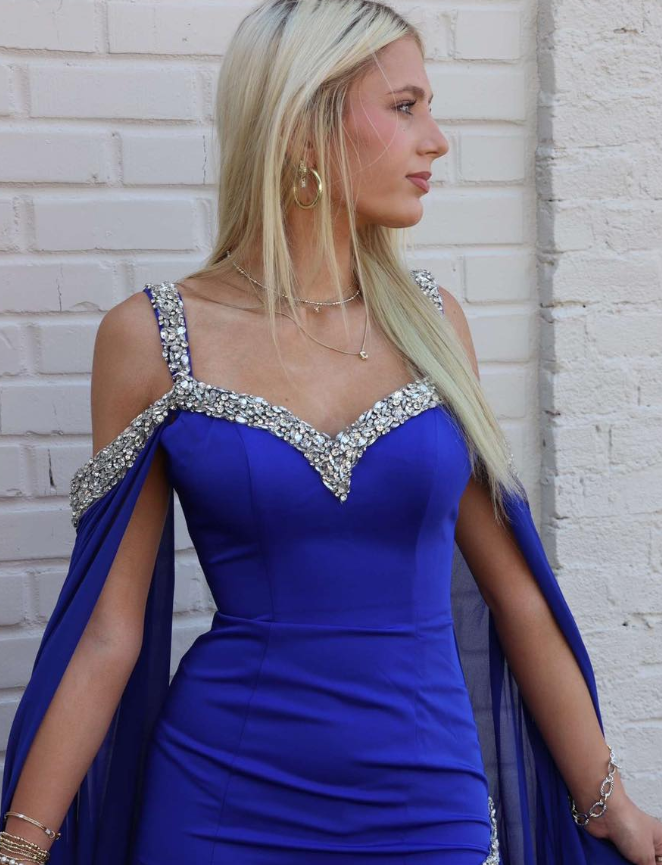 Elegant Dark Blue Sheath Straps Beaded Satin Chiffon Long Prom Dress Evening Dress SH6823
