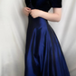 Vintage Navy Blue A Line Off the Shoulder Velvet Satin Prom Dress Evening Dress SH6338