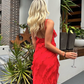 Red Sheath Spaghetti Straps Ruffles Chiffon Prom Dress Evening Dress with Slit SH1956