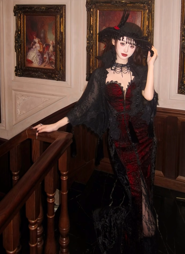 Sexy Mermaid Straps Black Lace Burgundy Satin Long Prom Dress Party Dress SH5018
