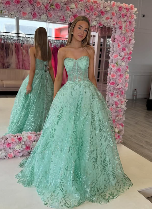 Pretty Green A Line Sweetheart Neck Corset Sequin Tulle Prom Dress Evening Dress SH6648