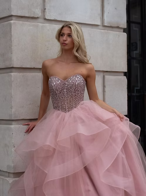Pink A Line Strapless Shiny Beaded Ruffle Tulle Long Prom Dress Evening Dress SH8822