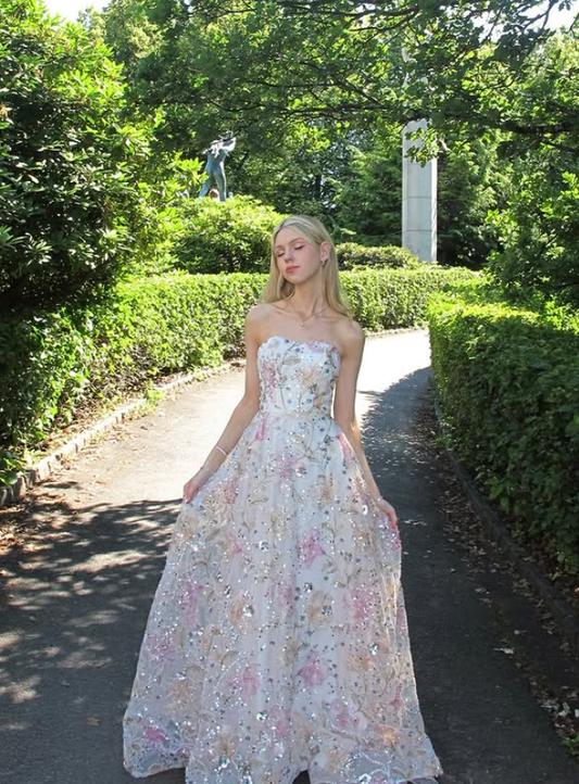 Beautiful A Line Strapless Sequin Floral White Tulle Long Prom Dress Date Dress SH6507