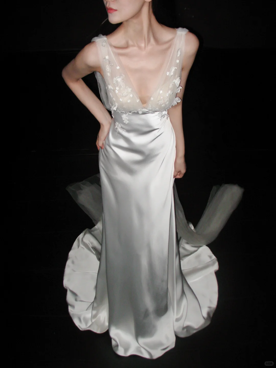 Romantic A Line V Neck 3D Floral Satin Tulle Long Wedding Dress SH5967