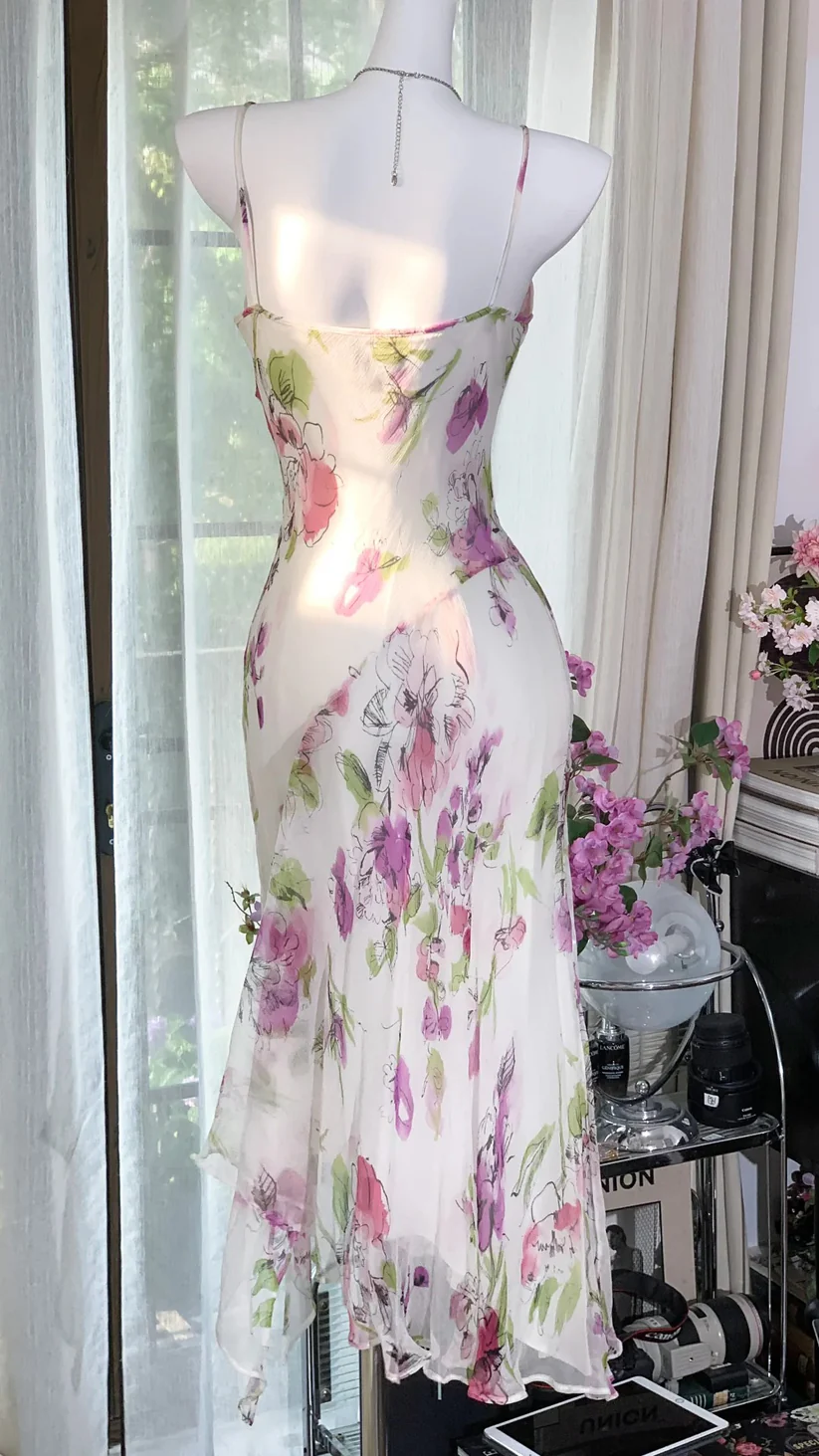 Pink Print Floral Mermaid Chiffon Date Dress Evening Dress Wedding Guest Dress SH3434