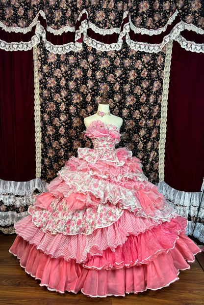 Vintage Pink Print Floral Ball Gown Strapless Layered Tulle Prom Dress Sweet 16 Dress SH5776