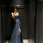 Shiny Blue A Line Sweetheart Neck Sequin Long Prom Dress Evening Dress with Slit SH5109