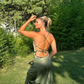 Green Simple A Line Spaghetti Straps Satin Open Back Prom Dress Evening Dress with Slit SH3784