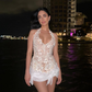 White Sheath Halter Embroidered Tulle Mini Homecoming Dress Vacation Dress SH4198