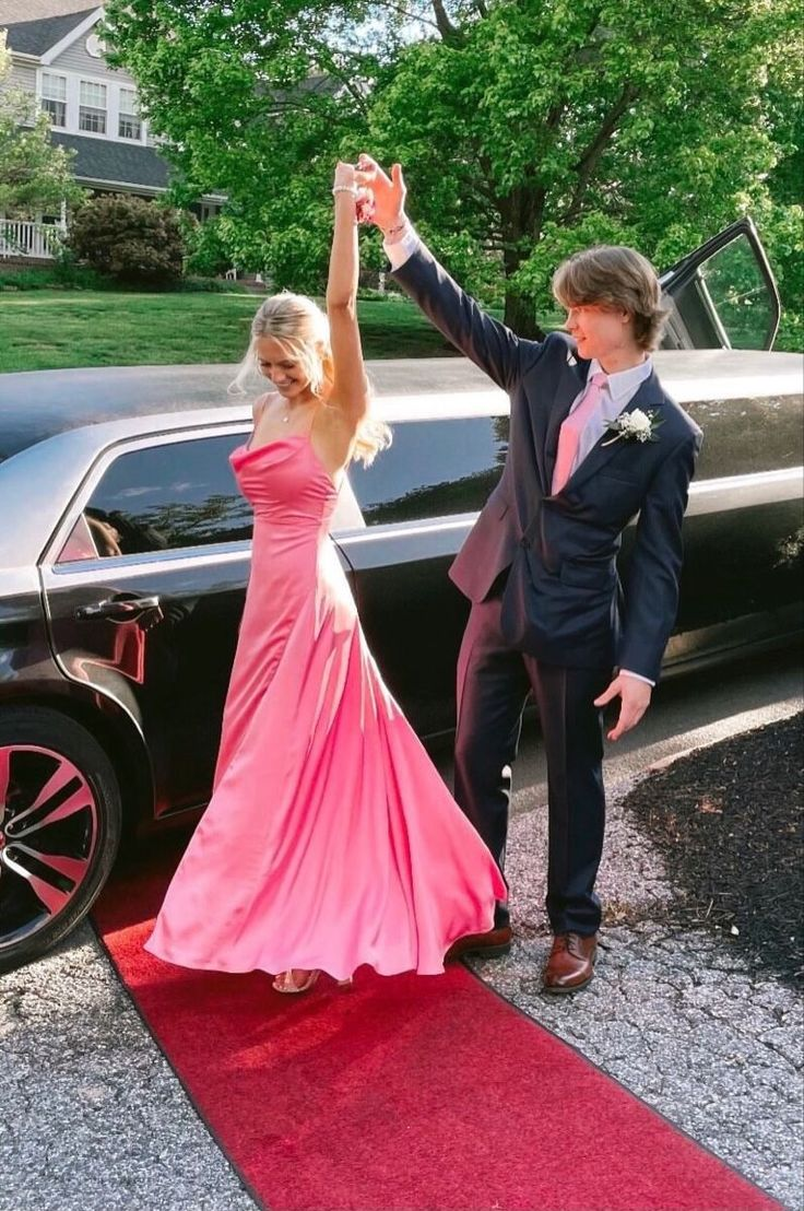 Pink Satin Prom Dress Spaghetti Straps Long Evening Dress SH957
