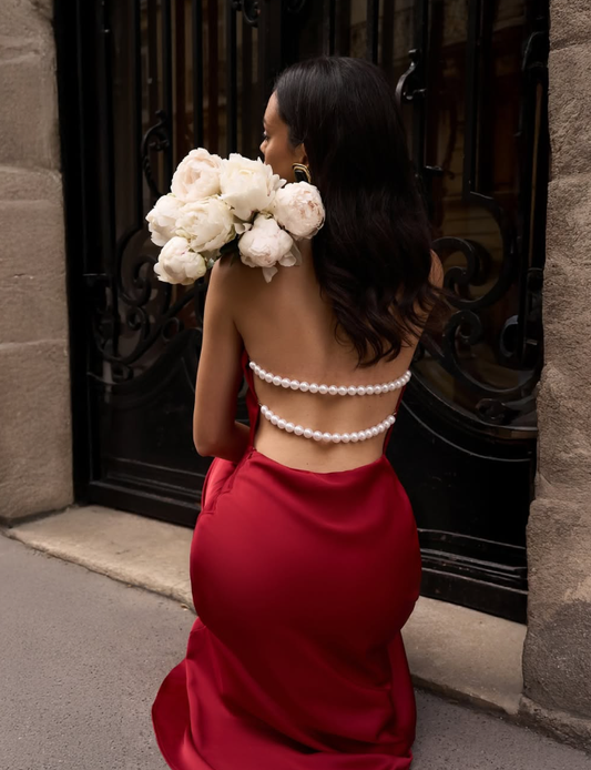 Sexy Burgundy A Line Halter Pearl Satin Open Back Prom Dress Party Dress Formal Dress SH4001