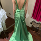Vintage Mermaid V Neck Beaded Green Satin Long Prom Dress Party Dress SH3034