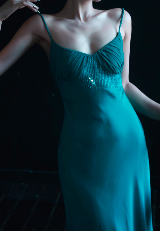 Lake Blue Sheath Spaghetti Strap Beaded Satin Long Prom Dress Party Dress Date Dresses SH4158