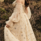 Sweetheart Champagne Tulle Bubble Sleeves Long A Line Prom Dress Beaded Evening Dress KS7039