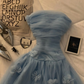 Blue A Line Strapless Simple Floral Tulle Prom Dress Evening Dress SH5528