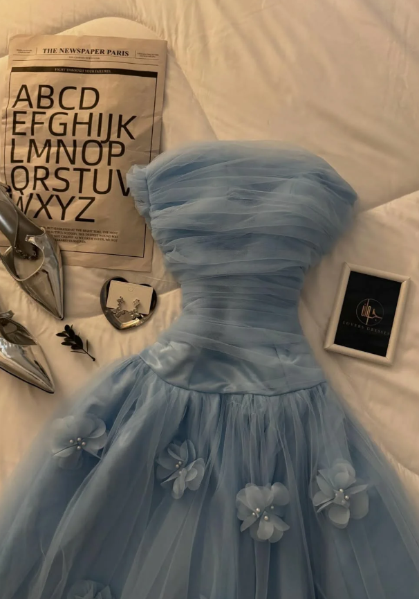 Blue A Line Strapless Simple Floral Tulle Prom Dress Evening Dress SH5528