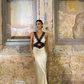 Light Yellow Sheath V Neck Lace Satin Prom Dress Evening Dress SH1903