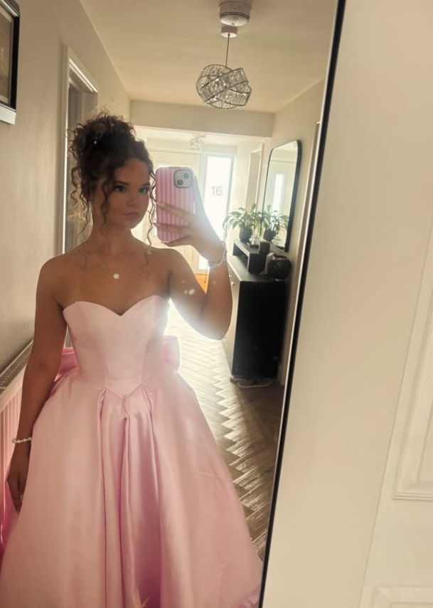 Simple Pink Bow Knot A Line Strapless Satin Prom Dress Birthday Dress SH9031
