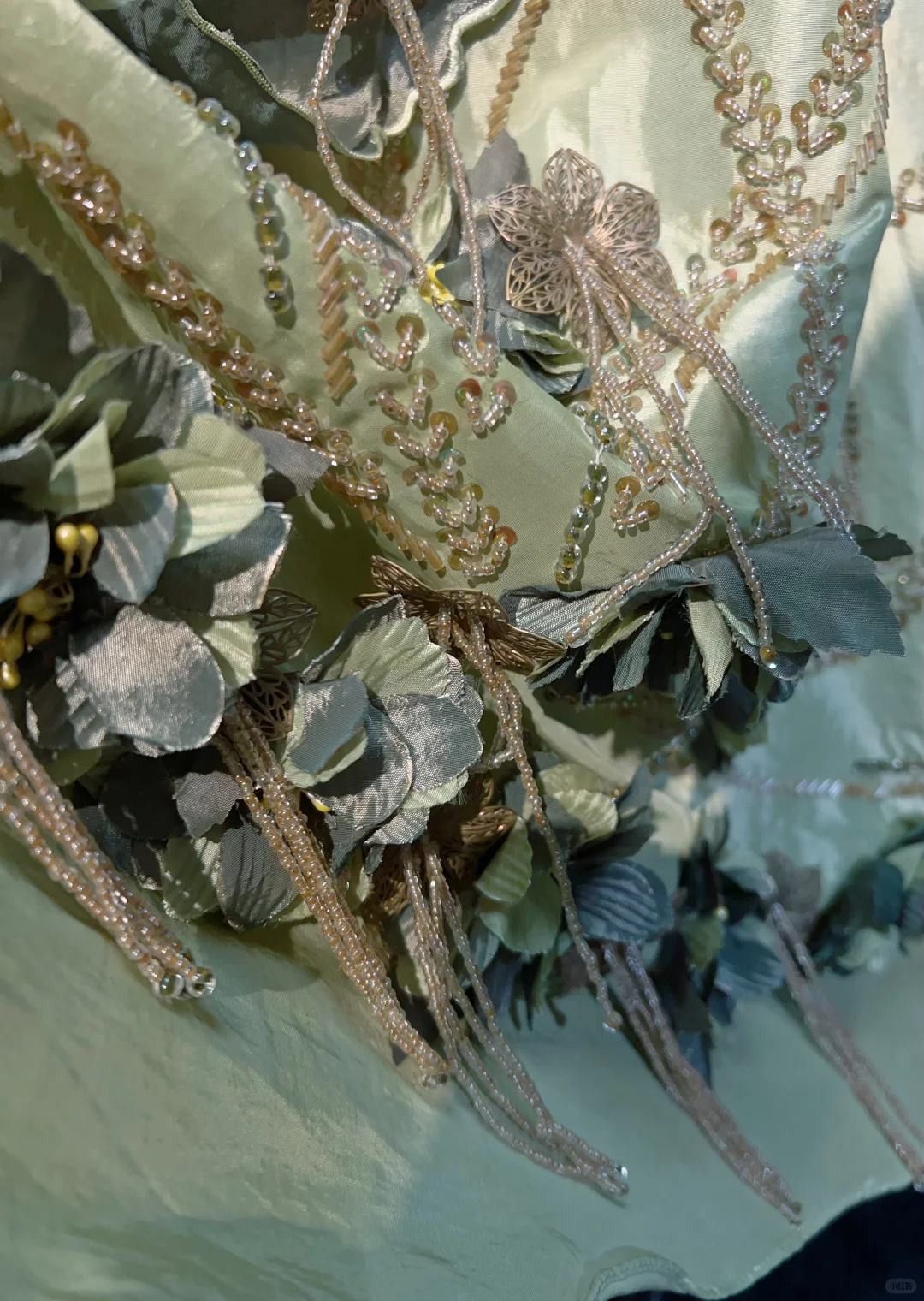 Vintage Green A Line Spaghetti Straps Beaded 3D Flower Satin Prom Dress Evening Dress SH3334