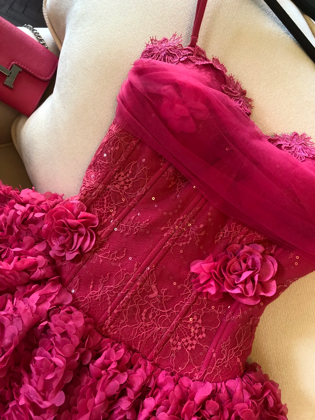 Hot Pink A Line Lace Floral Tulle Short Prom Dress Homecoming Dress  SH5834