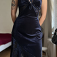 Vintage Sheath Spaghetti Strap Dark Blue Lace Velvet Prom Dress Evening Dress SH6076