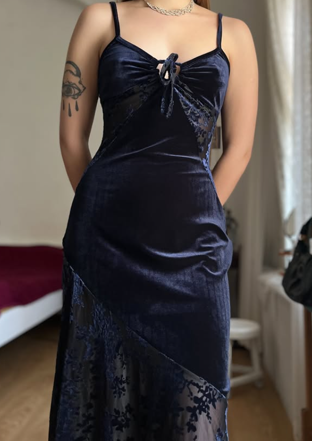 Vintage Sheath Spaghetti Strap Dark Blue Lace Velvet Prom Dress Evening Dress SH6076