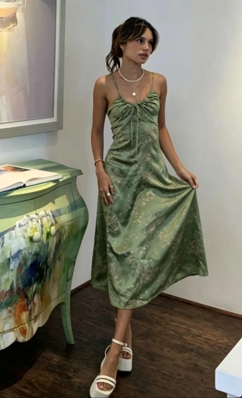 Green Vintage Printed Satin Party Dress Midi Length Formal Prom Dress  SH1246