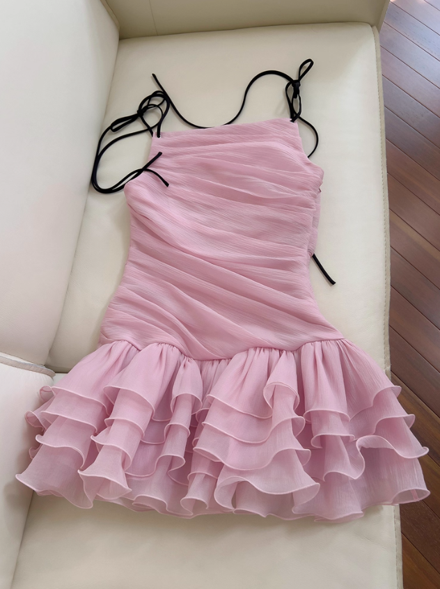 Cute Pink A Line Spaghetti Strap Layered Chiffon Homecoming Dress SH4506