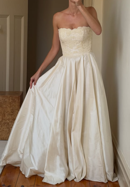 Vintage A Line Strapless Simple Lace Satin Long Wedding Dress SH8475