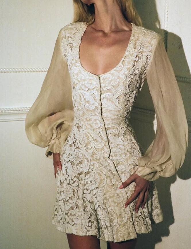 Retro Apricot A Line Long Sleeve Chiffon Lace Short Prom Dress Homecoming Dress SH6395